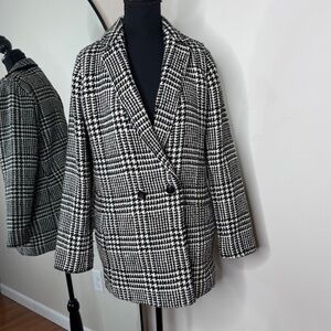 Talbots Houndstooth Plaid Long Boiled Wool Blend Jacket Size 8 Black White